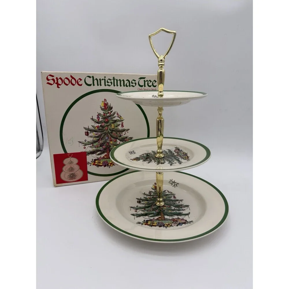 Spode Christmas Tree Triple 3 Tier Serving Tray Cookie Stand England Porcelain B